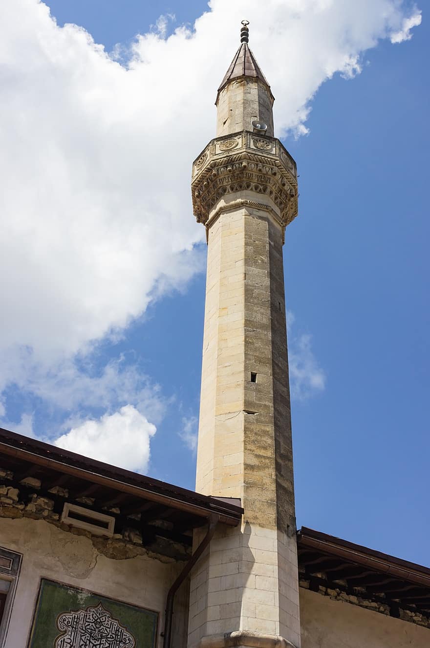 мечеть, мінарет, архітектура, віра, іслам, туризм, курорт, небо, хмари, бахчисарай, Крим