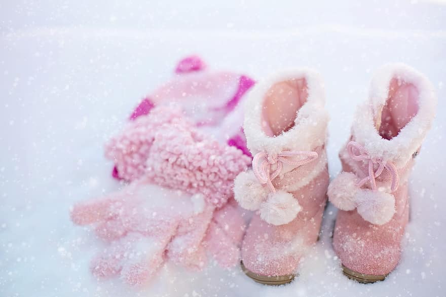 winterkleding, Kinderkleding, mode, laarzen, handschoenen, hoed, winter, sneeuw, schoen, roze kleur, baby