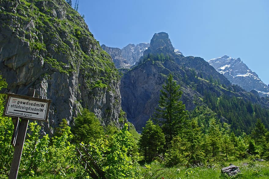 góry, krajobraz, berchtesgaden, Natura, las, drzewa, Alpy, drogowskaz, ramsau, wimbach