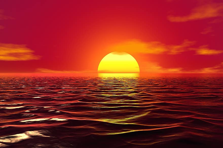 solnedgang, hav, natur, landskap, horisont