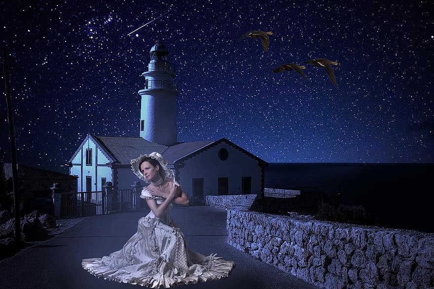Background, Lighthouse, Night, Lady, Fantasy, Female, Character, Digital Art