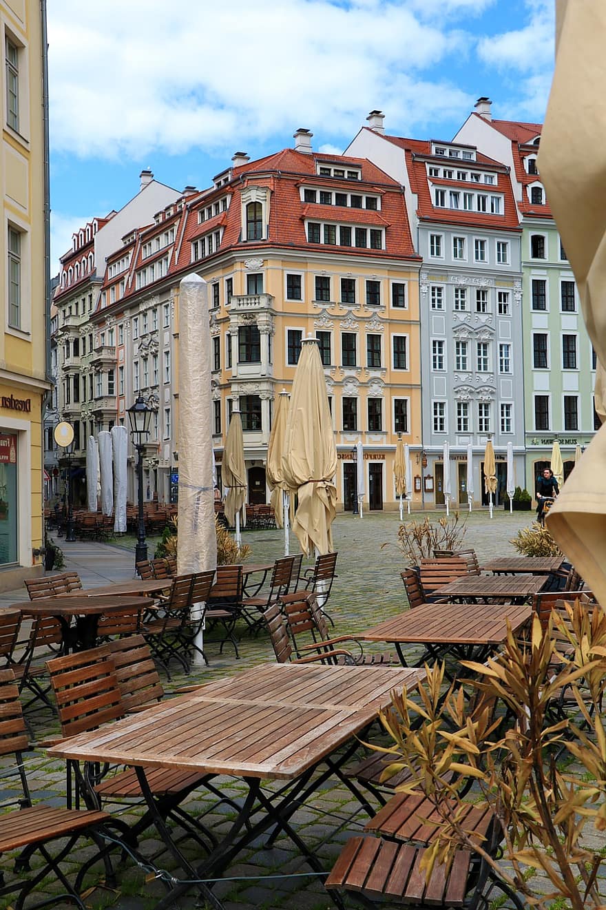 Budynki, stoły, siedzenia, restauracja, ulica, Europa, Niemcy, saksonia, Drezno, widok miasta, Miejski krajobraz