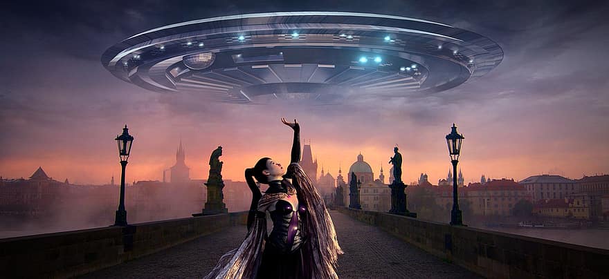 žena, kosmická loď, UFO, město, večer, futuristický, fantazie, nebe, Plovoucí objekt, mystický, sci-fi