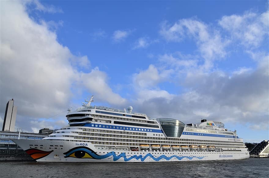 Cruise schip, reizen, luxe, Hamburg, hamburgensien, poort motieven, havencruise, nautisch schip, vervoer, blauw, vakanties