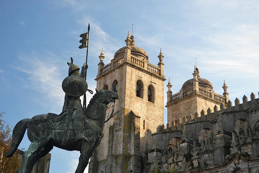 Kathedraal van Porto, standbeeld, porto, Portugal, Se de Porto, kathedraal, kerk, torens, Standbeeld van Vímara Peres, beeldhouwwerk, monument