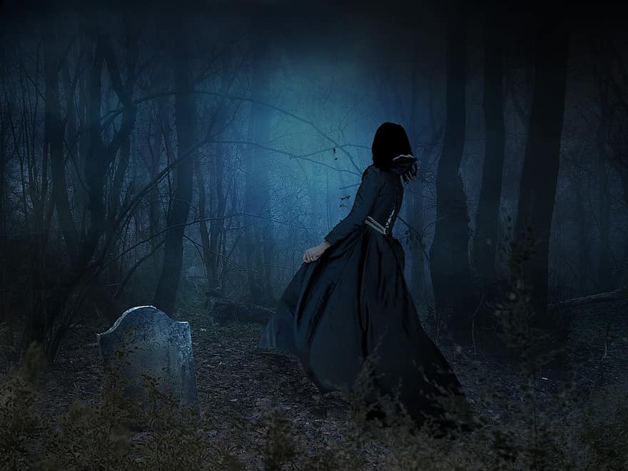 straszny, niesamowity, ciemny, mgła, Fantazja, przerażający, las, zagadka, Natura, Las, Uciekająca kobieta
