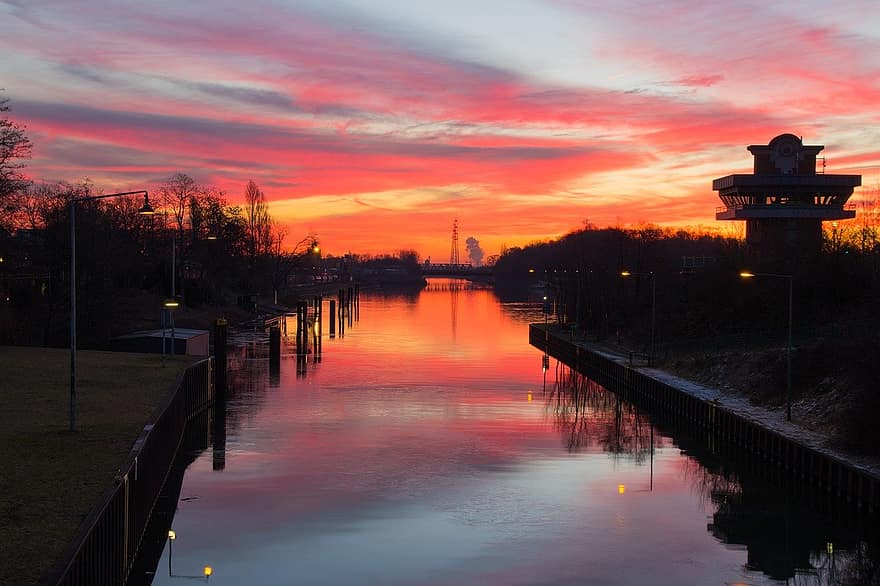 Canalul Rin-Herne, canal, apus de soare, cale navigabilă, Lock Herne-crange, Ruta de transport maritim, amurg, iarnă, apă, Herne, noapte