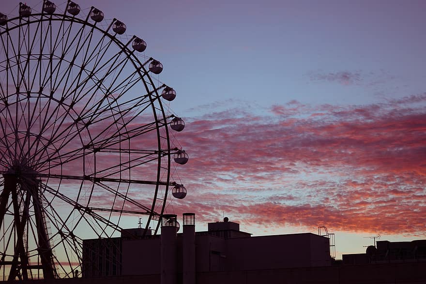 Ferris Wheel, City, Asaka, Japan, Clouds, Scenery, Sky, sunset, dusk, silhouette, back lit