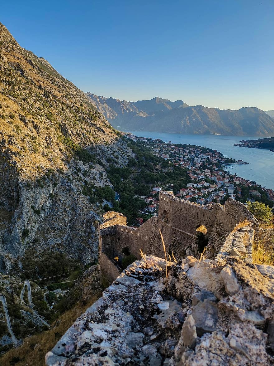 sø, natur, rejse, udforskning, udendørs, Kotor, montenegro, bjerg, landskab, arkitektur, turisme