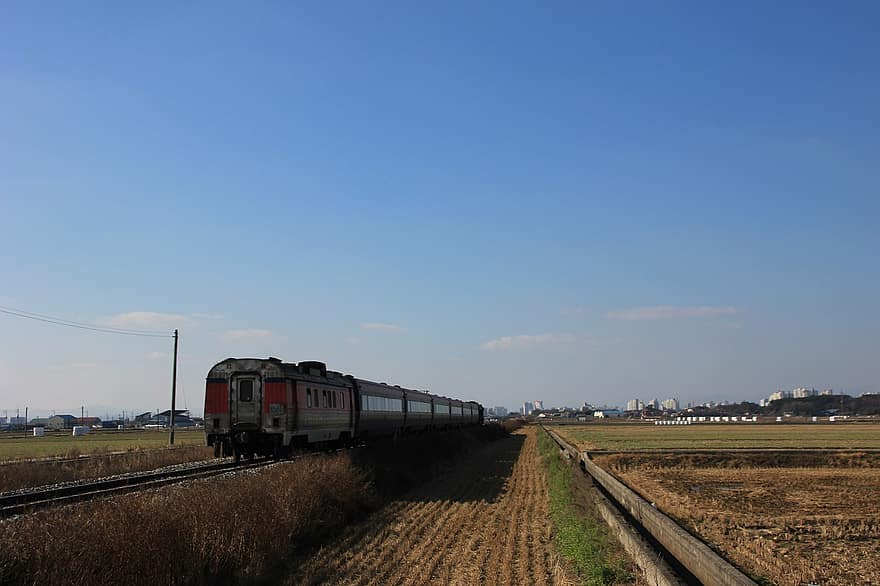 xe lửa, nông thôn, du lịch, vận chuyển, Hàn Quốc, đường sắt, kinh korail, giao thông, cánh đồng, đầu máy xe lửa, Gunsan