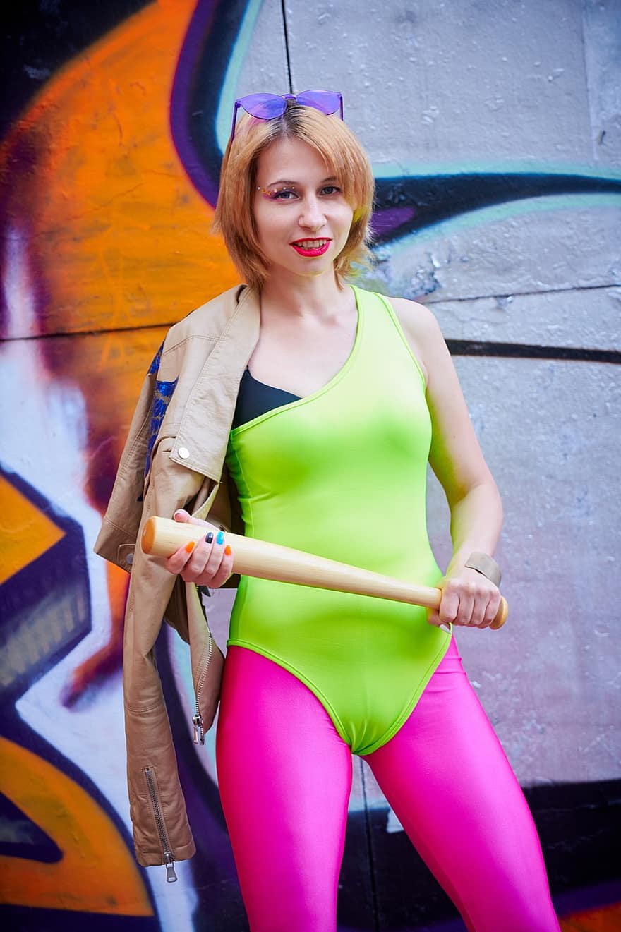 Woman, Model, Leggings, 80s, Outfit, Pose, Bright, Colorful, Dispute, Bully, Fight