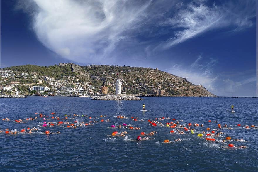 Sea, Swimming, Race, Sport, Swimmers, People, Paddleboarding, Lighthouse, Coast, City, Town