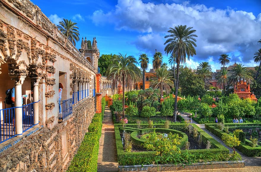Alcazar av Seville, spanien, trädgård, royal alcázar av seville, sevilla