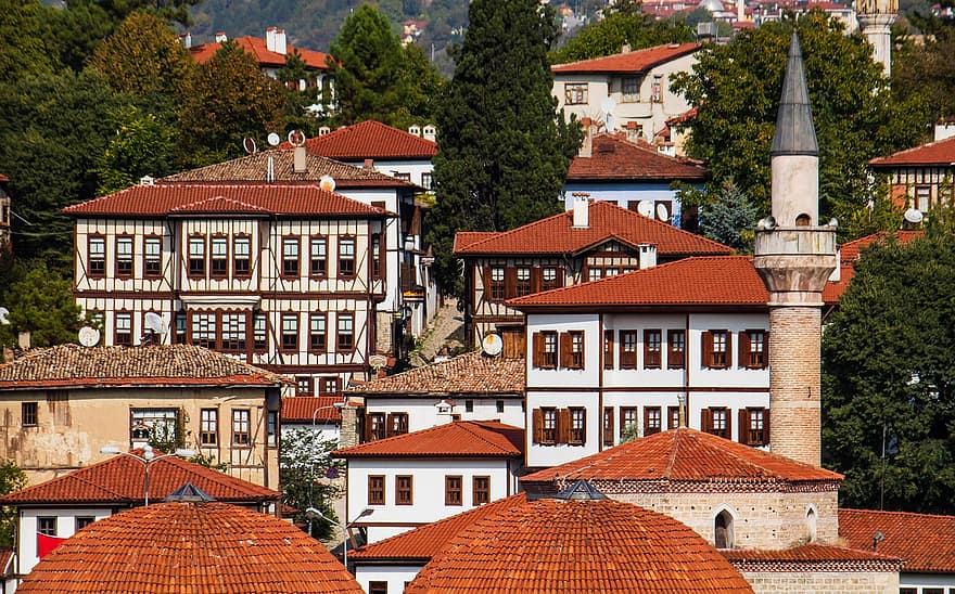 Safranbolu, város, házak, épületek, Óváros, falu, homlokzatok, építészet, régi építészet, városkép, fa