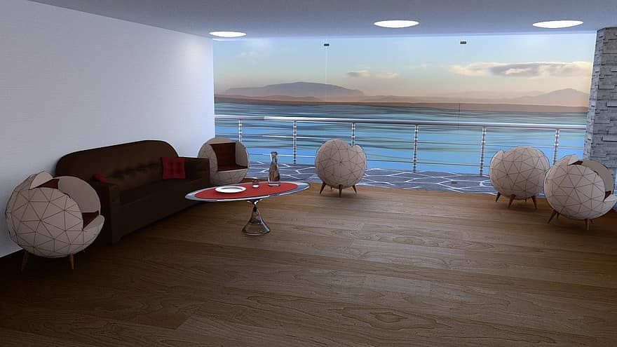 House, Interior, Architecture, Architect, Sofa, Chair, Water, Sea, Horizon