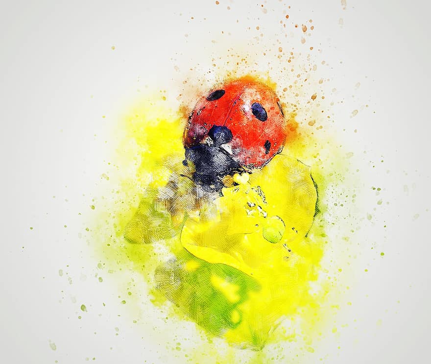 Bug, Ladybug, Natue, Insect, Red, Flower, Art, Portrait, Vintage, Watercolor, Artistic