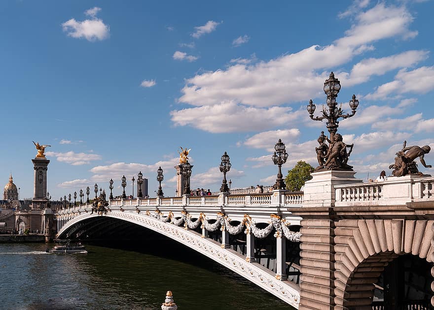 pont alexandre iii, мост, Париж, Палубен арков мост, архитектура, гриб, река, исторически, забележителност, улични светлини, известното място
