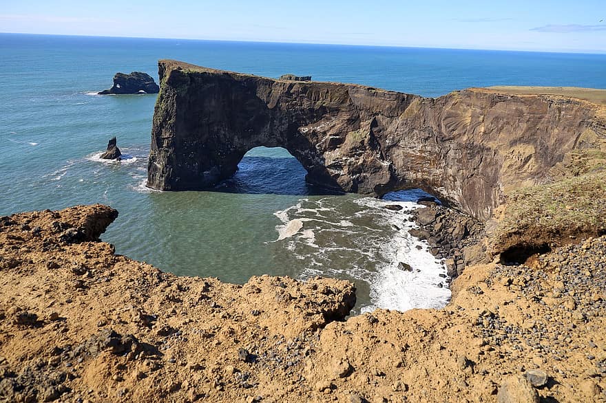Исландия, пейзаж, природа, океан, рок, арка, стръмна скала, брегова линия, вода, лято, син