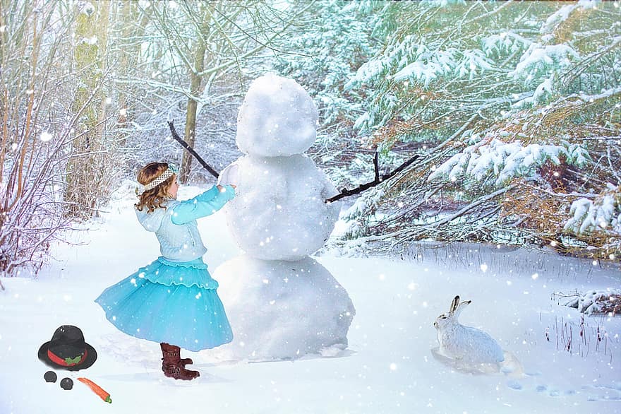 снежен човек, Детско изграждане на снежен човек, зима, зимна сцена, снежна сцена, сняг, шега, сладък, сезон, играете, гора