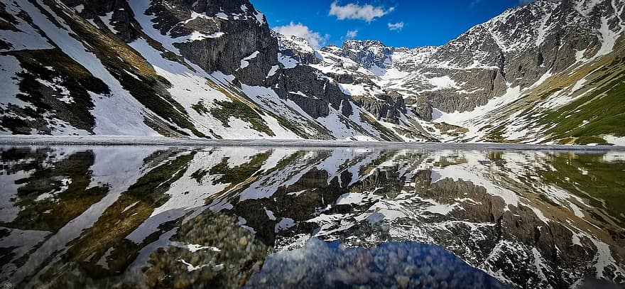 montañas, lago, reflexión, nieve, montañas nevadas, Cadenas montañosas, reflejo, imagen de espejo, reflejo de agua, panorama, panorámico
