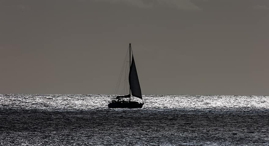 vaixell, vela, mar, monocroma, posta de sol, iot, oceà, aigua, veler, horitzó, navegar