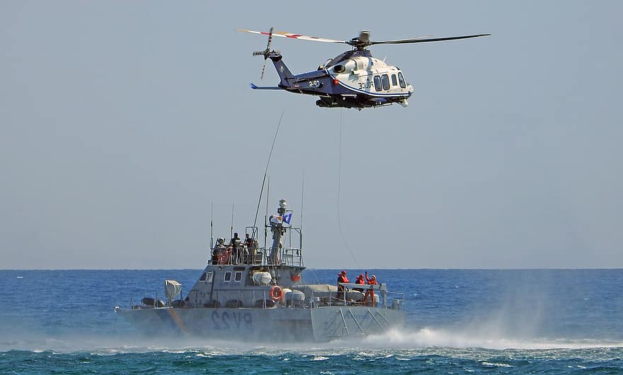 helikopter, skib, redningsoperation, kystvagt, politi helikopter, redde, flyvningen, fly, chopper, båd