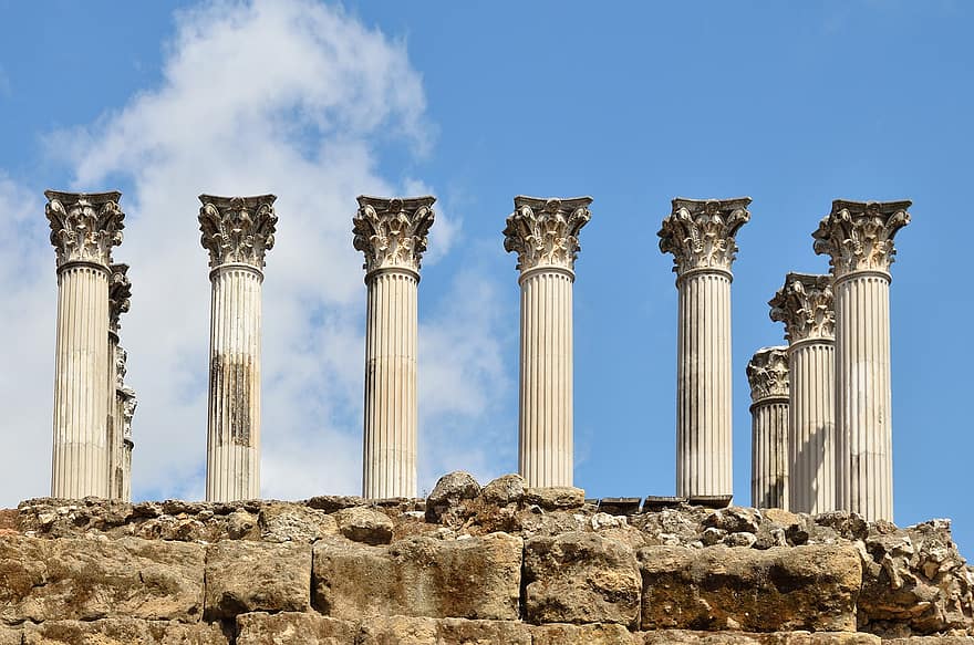 римски, колона, стена, капитал, възстановено, мрамор, камък, небе, руини, пагубен, грандиозен