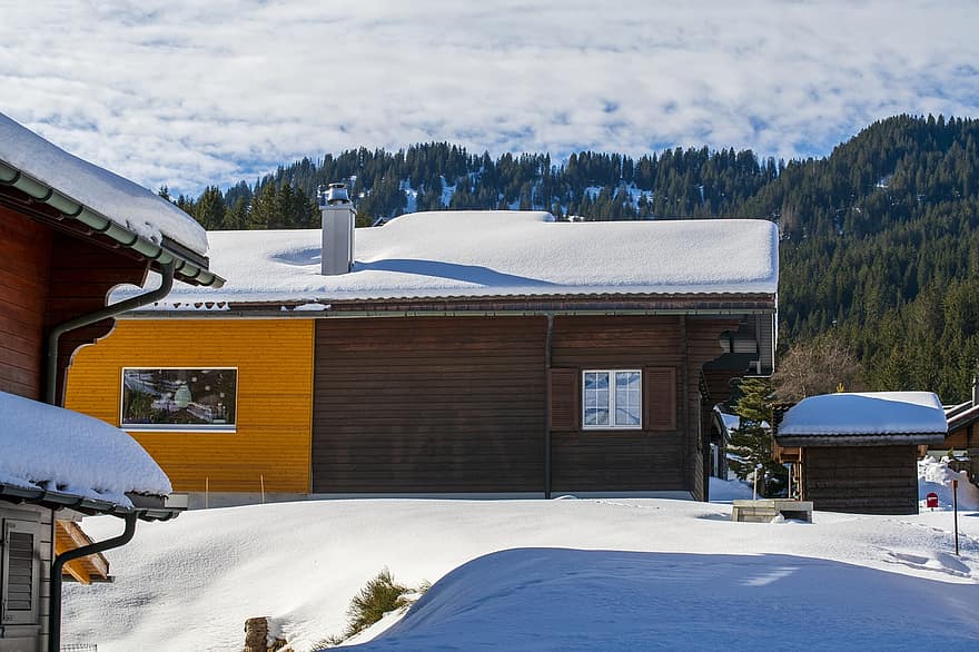 Thụy sĩ, mùa đông, Brunni Canton Of Schwyz, cây, những ngôi nhà, tuyết, bầu trời, Thiên nhiên, núi, ngôi nhà tranh, phong cảnh