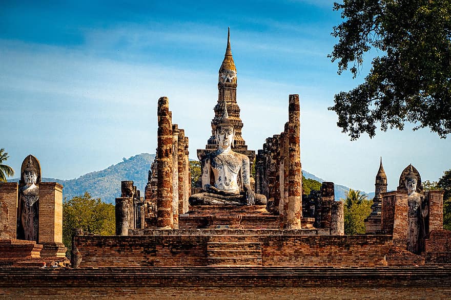 buddha, statue, thailand, buddhisme, meditasjon, ruiner, landemerke, gammel, eldgammel, historie, reise