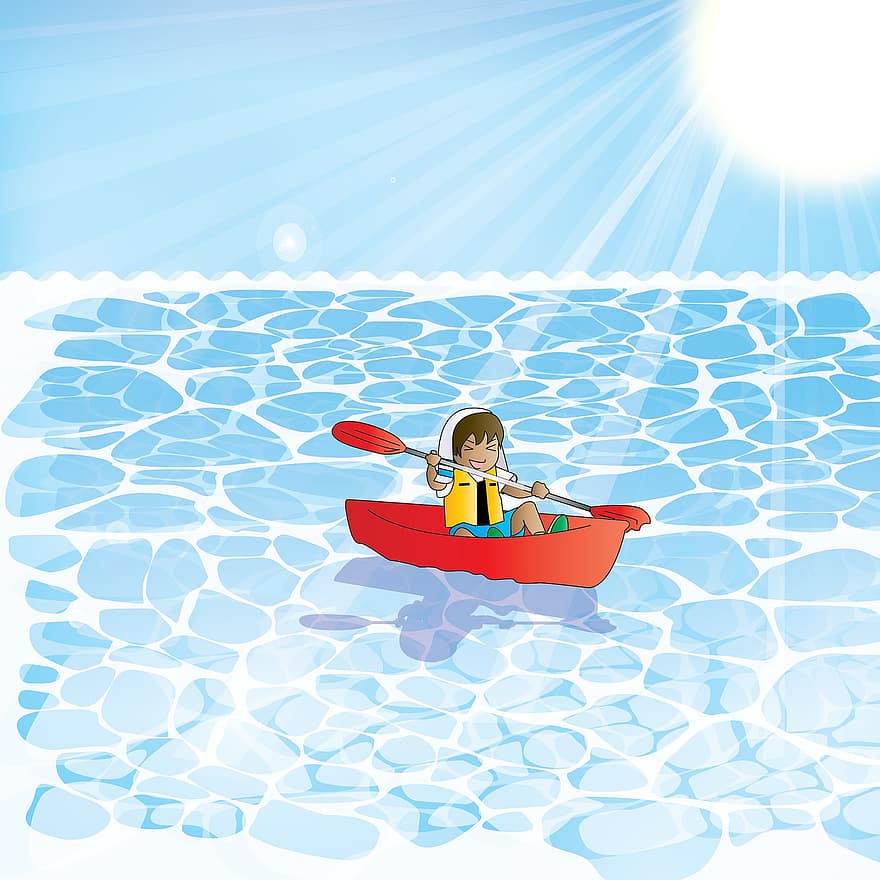море, каное, хлопчик, веслування, сонце, сонячне світло, Сонячні промені, Хлопчик у каное, океану, води, Пляжний