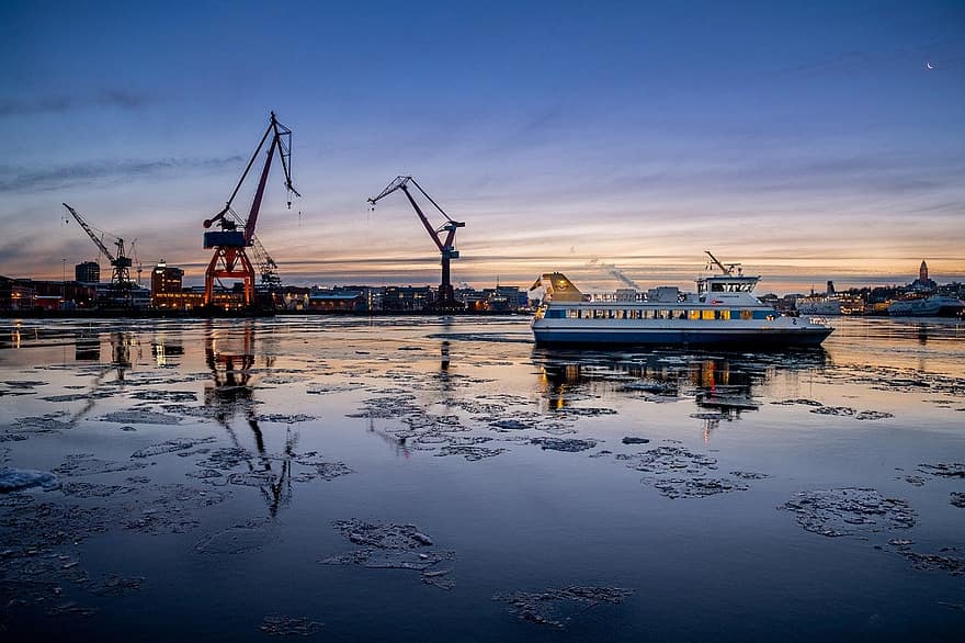 Port, Boat, City, Sea, commercial dock, nautical vessel, crane, construction machinery, shipping, transportation, industry