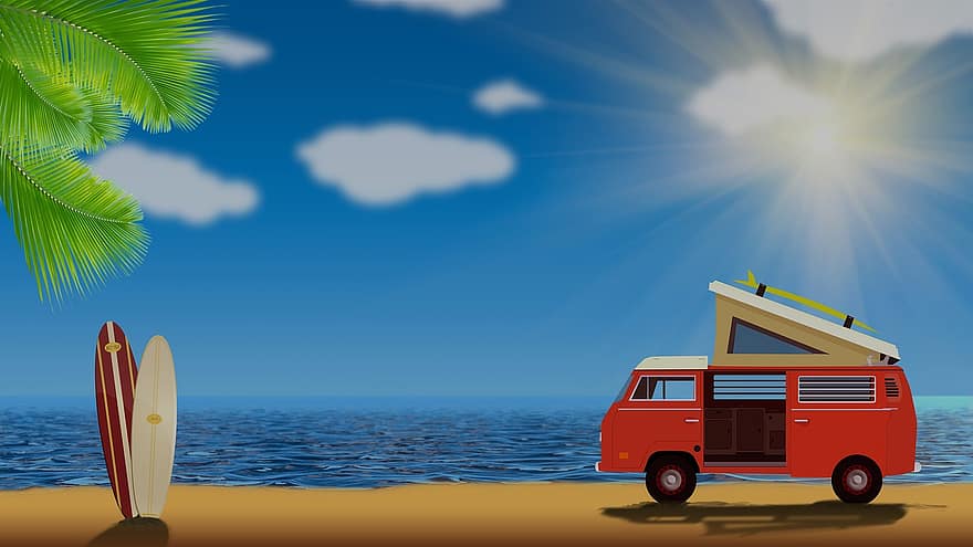 Vanagon, Volkswagen, kombi, varebil, surf van, surfing, Strand, hav, camping, Campout, leir ut