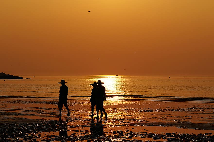 spiaggia, tramonto, silhouette, cielo arancione, mare, oceano, riva, riva del mare, costa, persone, orizzonte