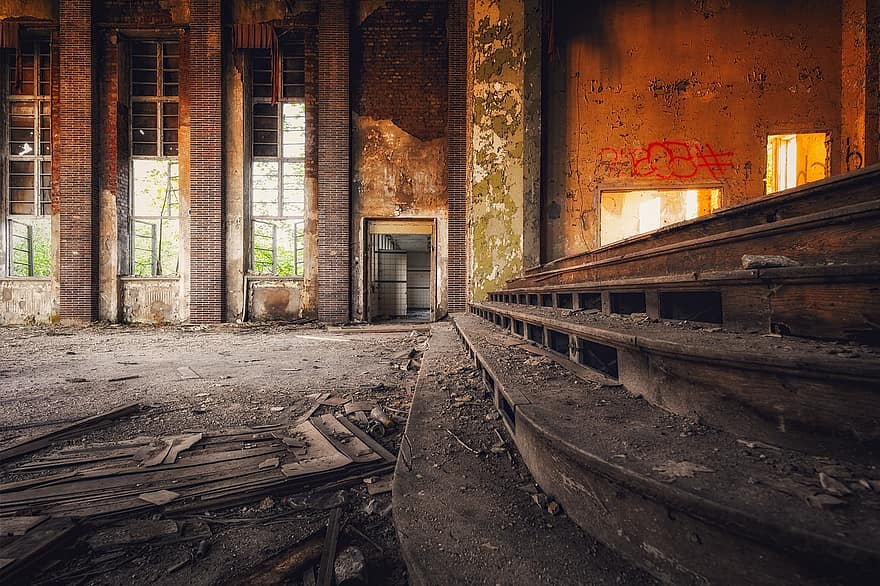 escalera, escenario, abandonado, edificio, Edificio abandonado, sala, antiguo, sucio, arruinado
