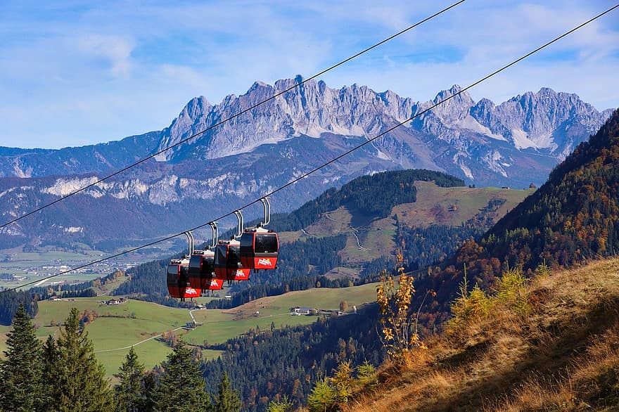 kabelbanen, bergen, Tirol, landschap, natuur, Alpen, vallen, berg-, sneeuw, winter, skilift