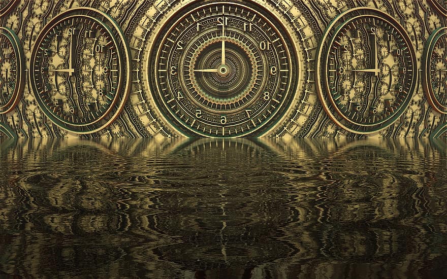 tid, portal, dimensjon, fantasi, refleksjon, klokke, vann, natt, bakgrunn, illustrasjon, design