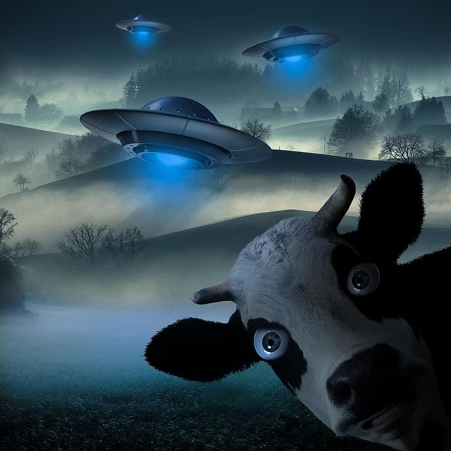 lehmä, ufo, avaruusaluksia, maatila, fantasia