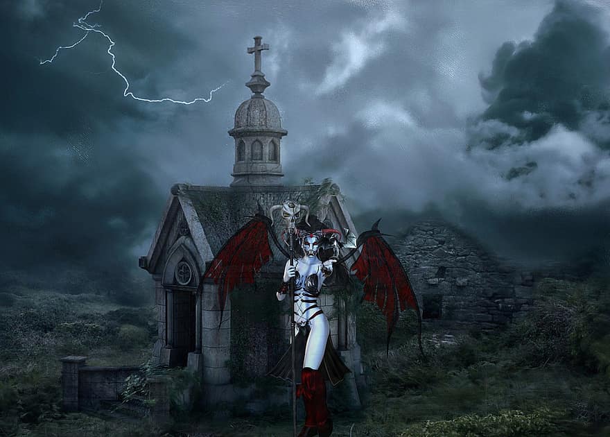 Hintergrund, Magier, Ruinen, Kirche, Gewitter, Wolken, Fantasie, Hexe, Frau, Benutzerbild, Charakter