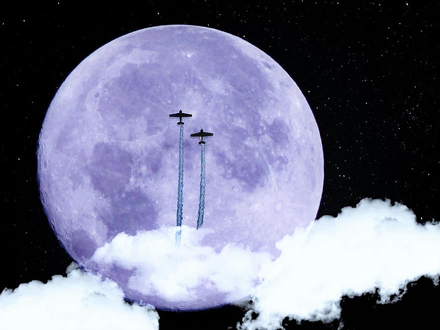 月、雲、航空機、飛行、満月、闇、雲のベール、雰囲気