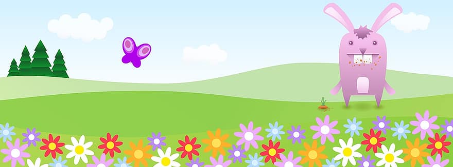 весна, пейзаж, заяц, луг, зеленый, цветы, бабочка, розовый, природа
