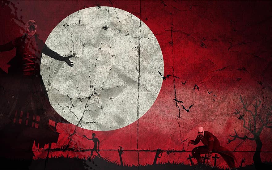 gyserfilm, illustration, måne, zombier