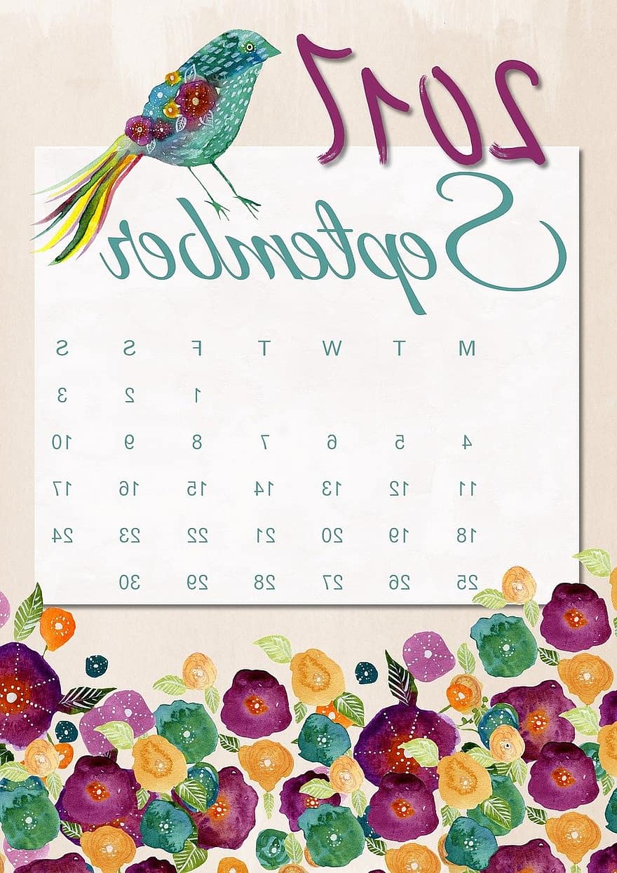 Σεπτέμβριος, Ημερολόγιο, 2017, άνθινος, πουλί, ρομαντικός, σχέδιο, διακόσμηση, έτος