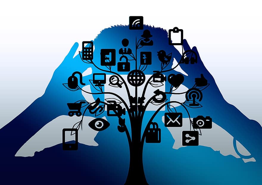 strom, struktura, muž, chytrý telefon, Fotoaparát, sítí, Internet, síť, sociální, sociální síť, loga