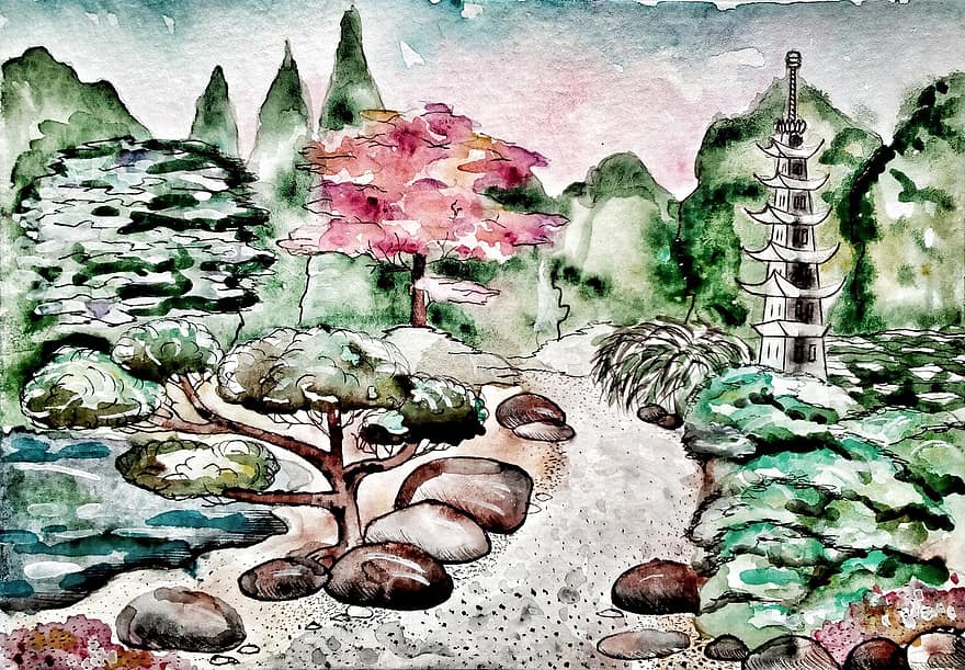японский сад, восток, природа, воды, Изобразительное искусство, иллюстрация, дерево, фигура, деревья, завод, творческий подход
