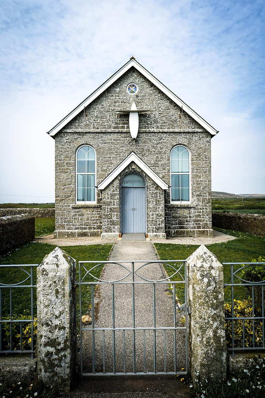 kościół, budynek, fasada, wejście, architektura, krzyż, religia, Cornwall, chrześcijaństwo, trawa, historia