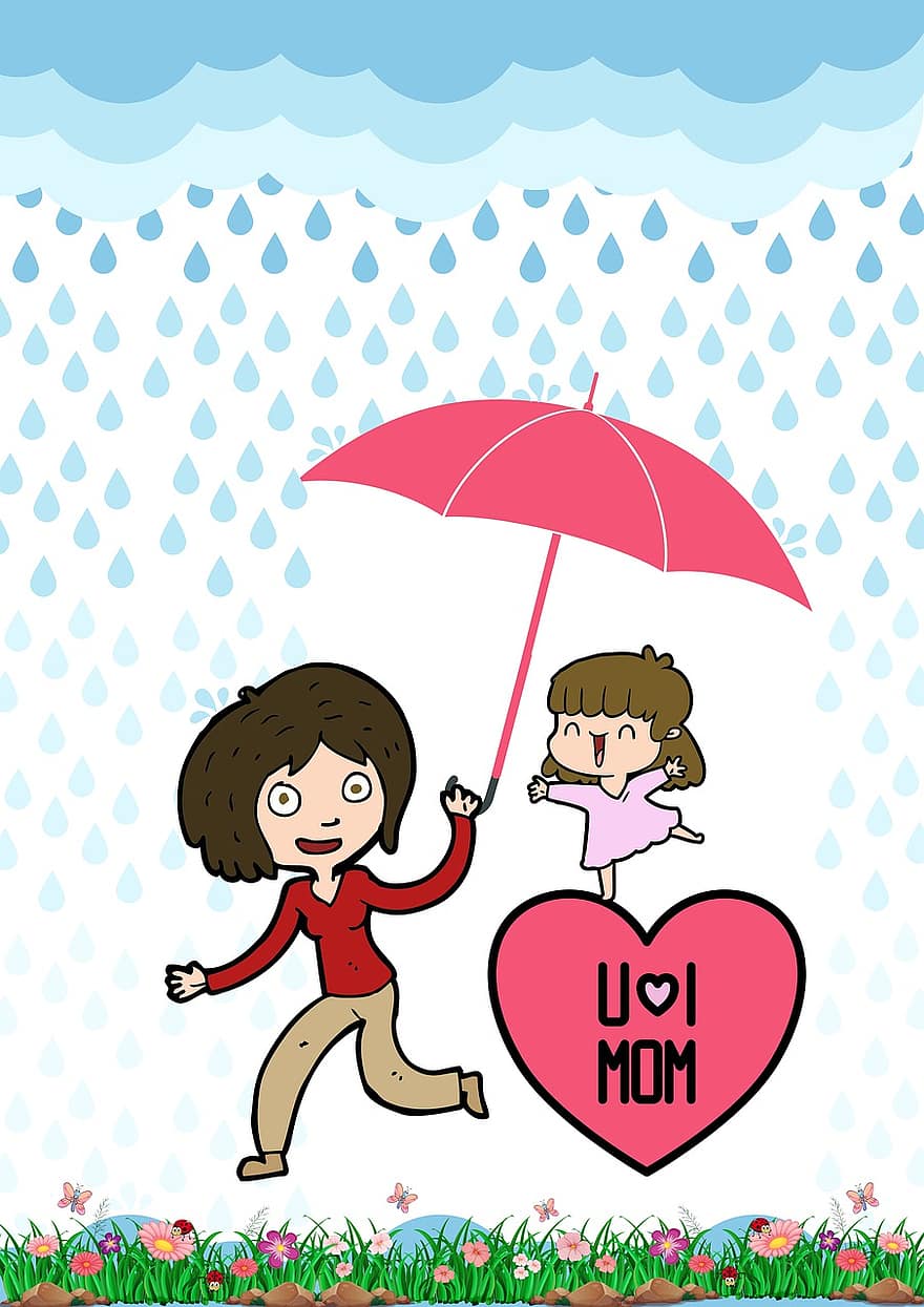Moederdag, liefde, hart-, moeder, kind, meisje, kaart, paraplu, gelukkig, familie, illustratie