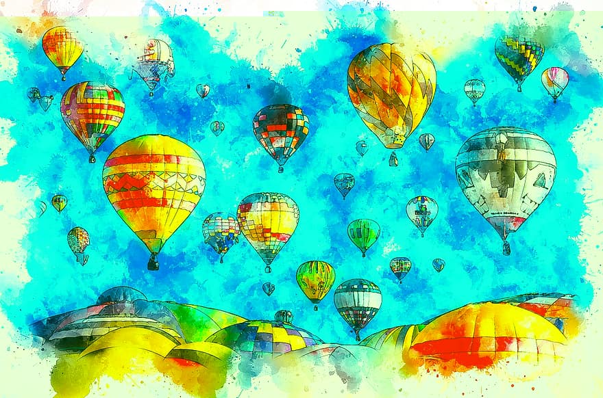 kuumailmapallo, taivas, taide, akvarelli, vuosikerta, värikäs, taiteellinen, rakenne