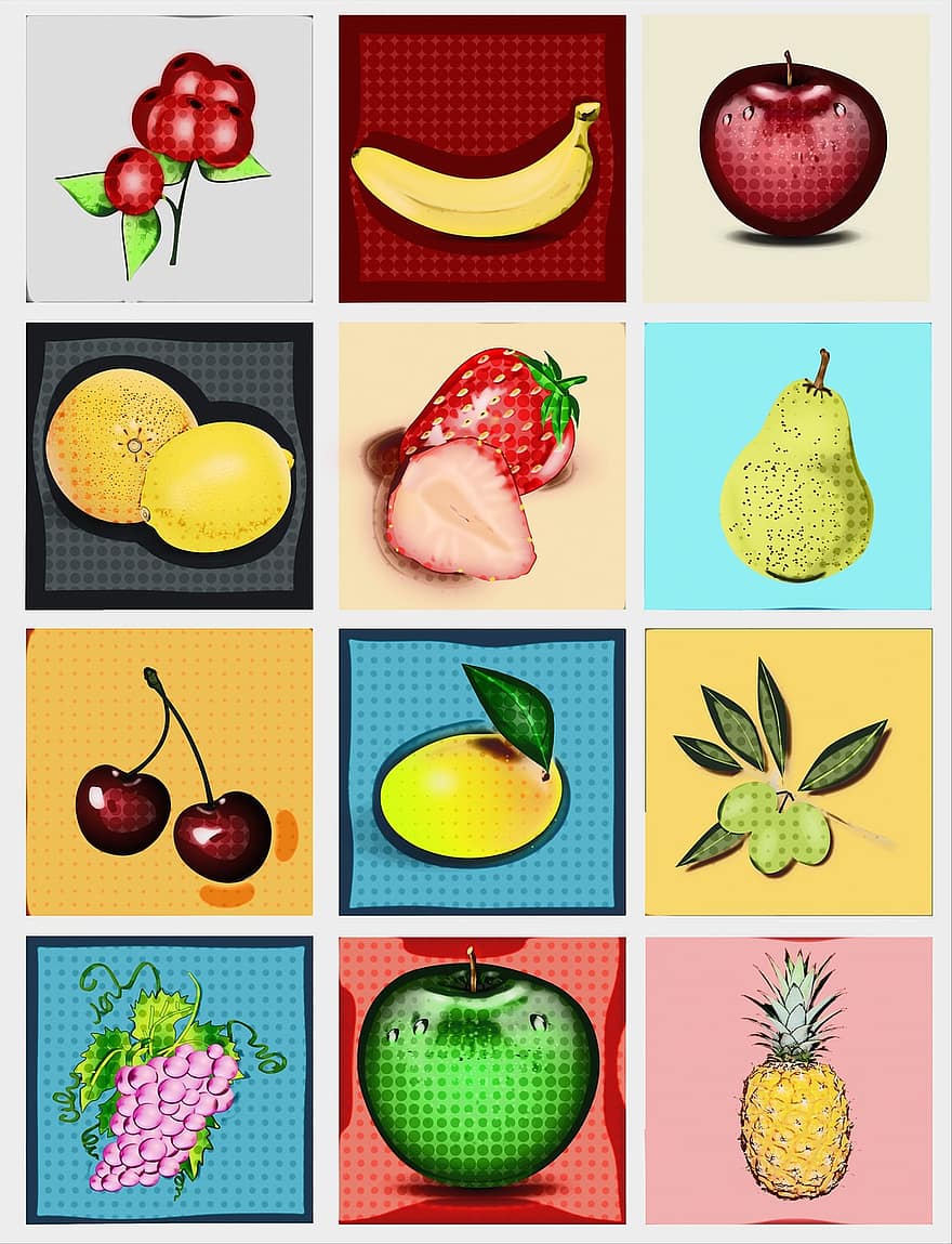 frukt, äpple, banan, päron, ananas, körsbär