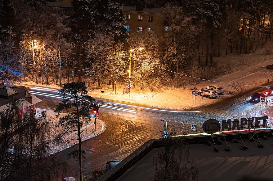 Winter, Intersection, Night, Snowfall, Frost, Trees, Nature, car, traffic, illuminated, dusk