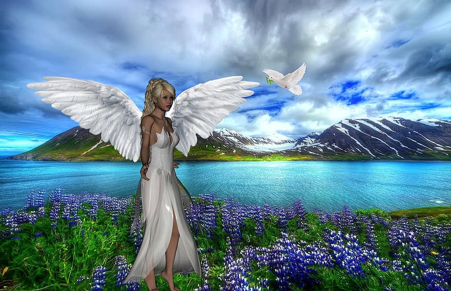 배경, 천사, 호수, 산들, 비둘기, 공상, 하얀 드레스, 날개, 천사 날개, 화신, 캐릭터